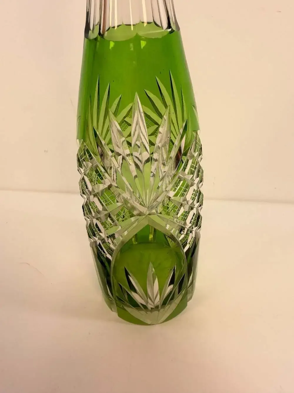 Vintage Bohemian Green Cut-to-Clear Crystal Decanter